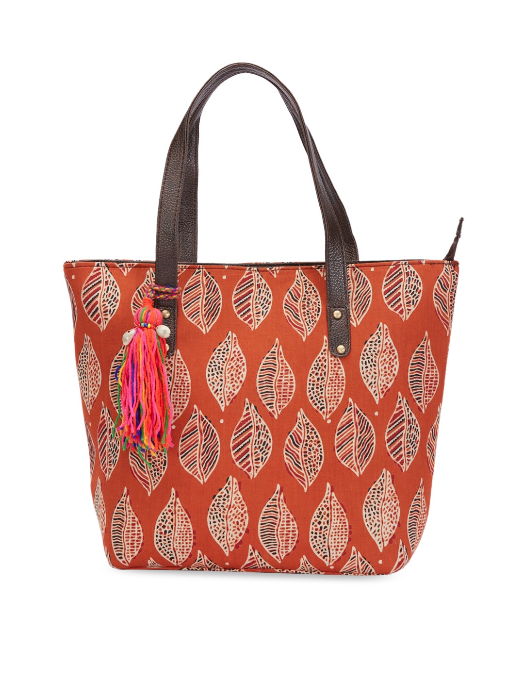 

Vivinkaa Ethnic Motifs Printed PU Shopper Tote Bag with Tasselled, Orange
