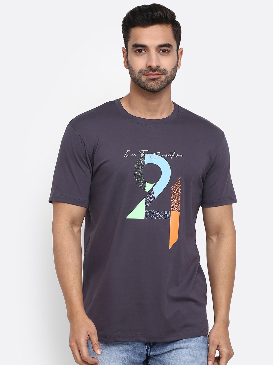 

V-Mart Men Typography Printed Cotton Slim Fit T-shirt, Grey