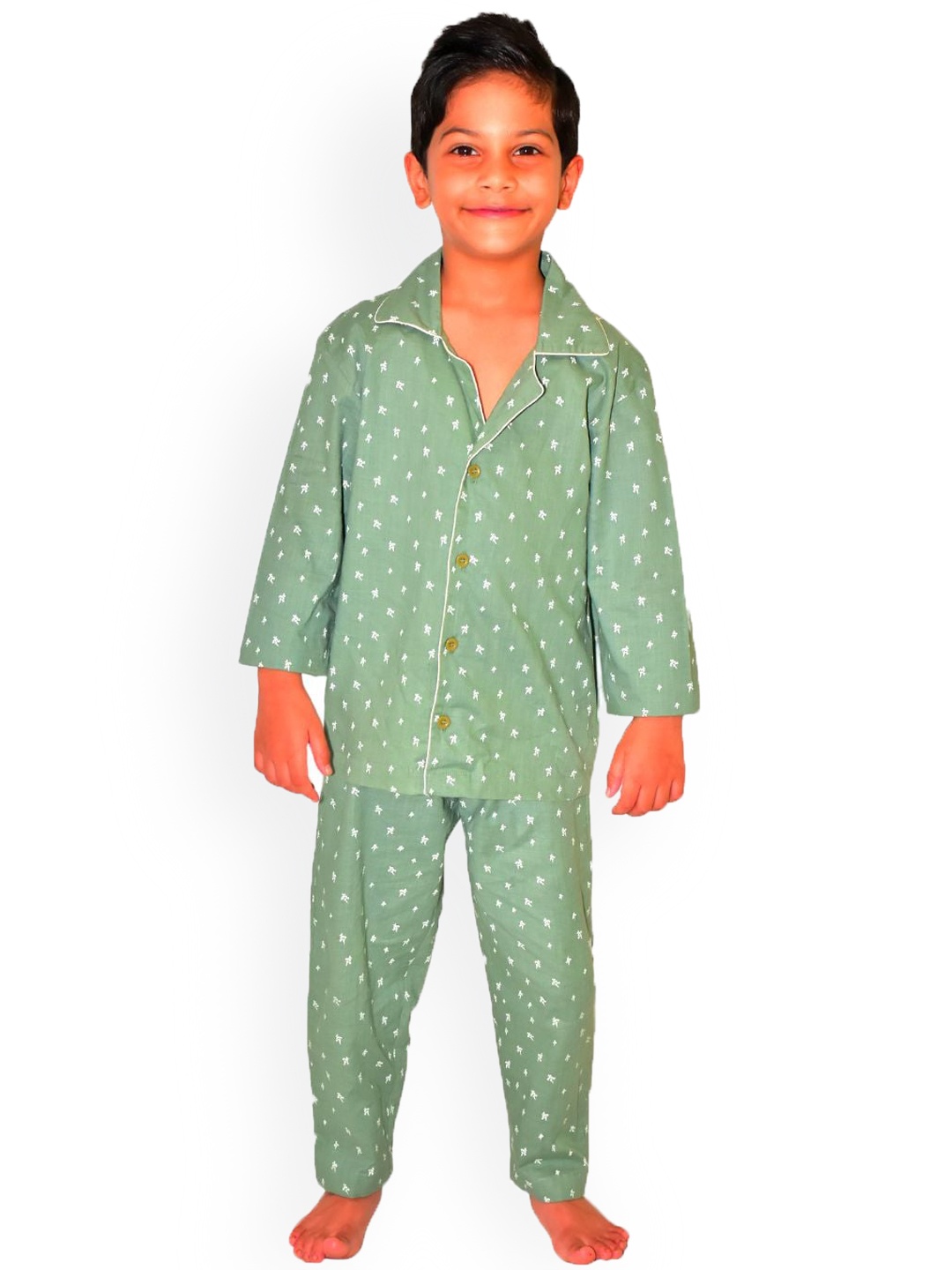 

Little Musketeer Boys 2 Pieces Floral Printed Pure Cotton Night Suit, Green