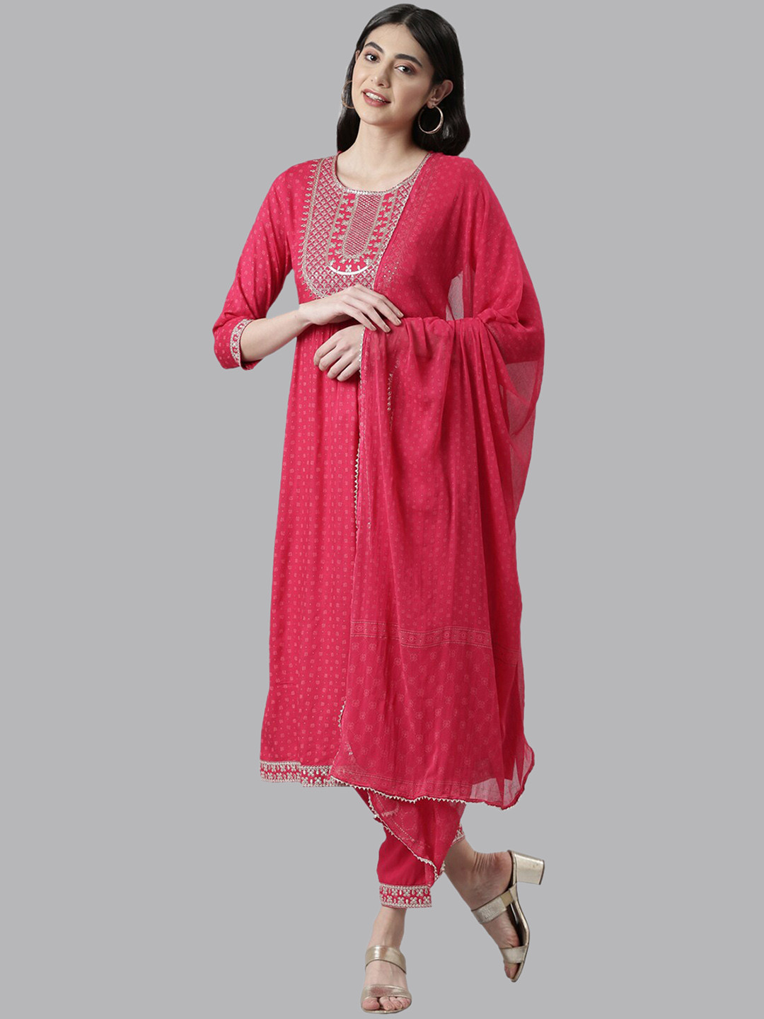 

Neerus Women Ethnic Motifs Printed Pleated Zardozi Kurta with Trousers & Dupatta, Fuchsia