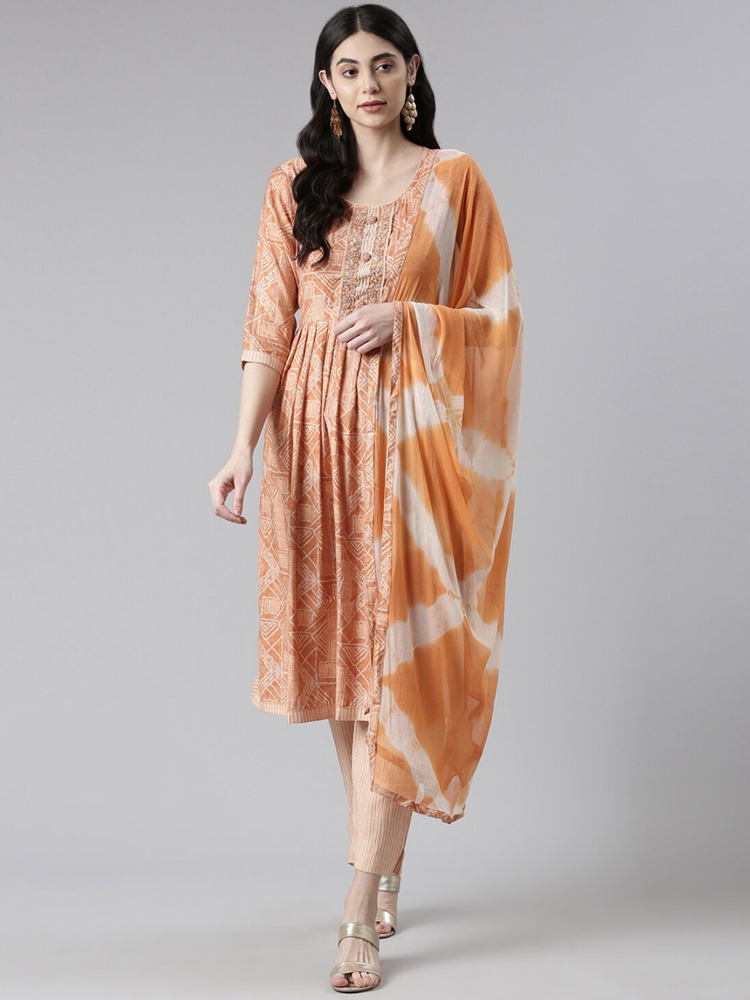 

Neerus Women Abstract Printed Pleated Kurta with Trousers & Dupatta, Coral