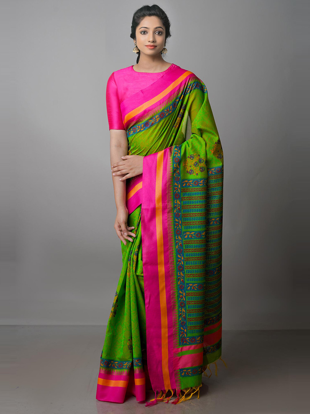 

Unnati Silks Floral Silk Cotton Chanderi Saree, Green
