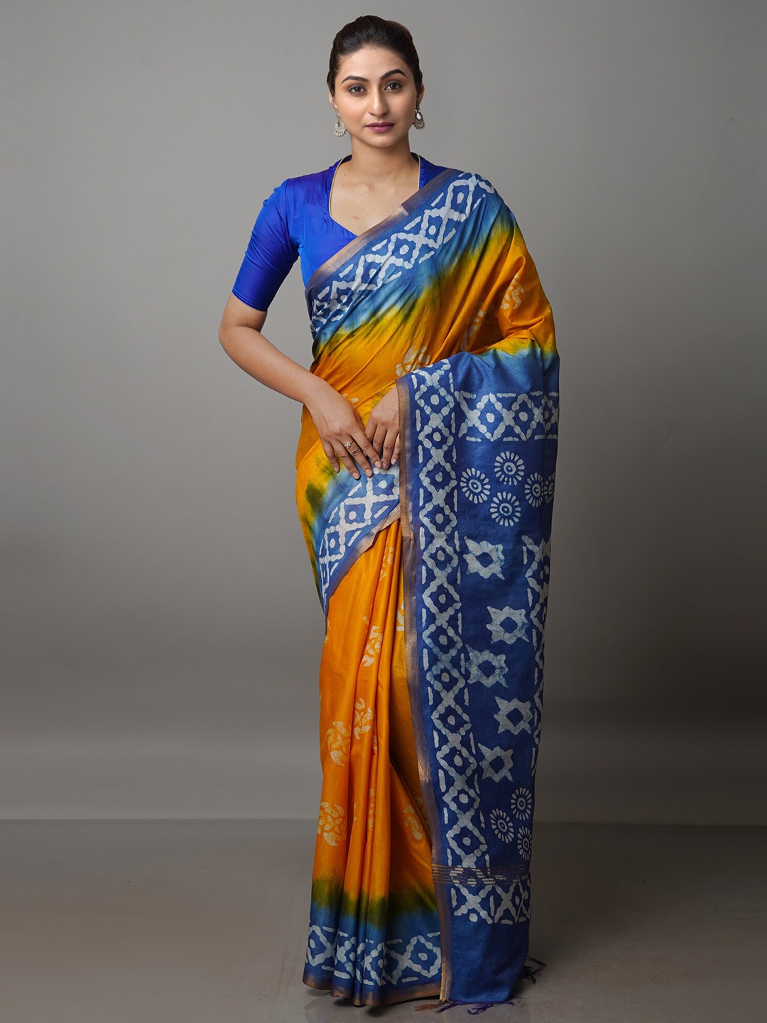 

Unnati Silks Batik Printed Pure Silk Chanderi Saree, Yellow
