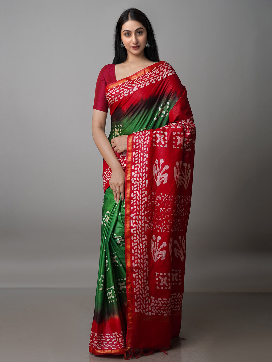 

Unnati Silks Batik Printed Pure Silk Chanderi Saree, Green