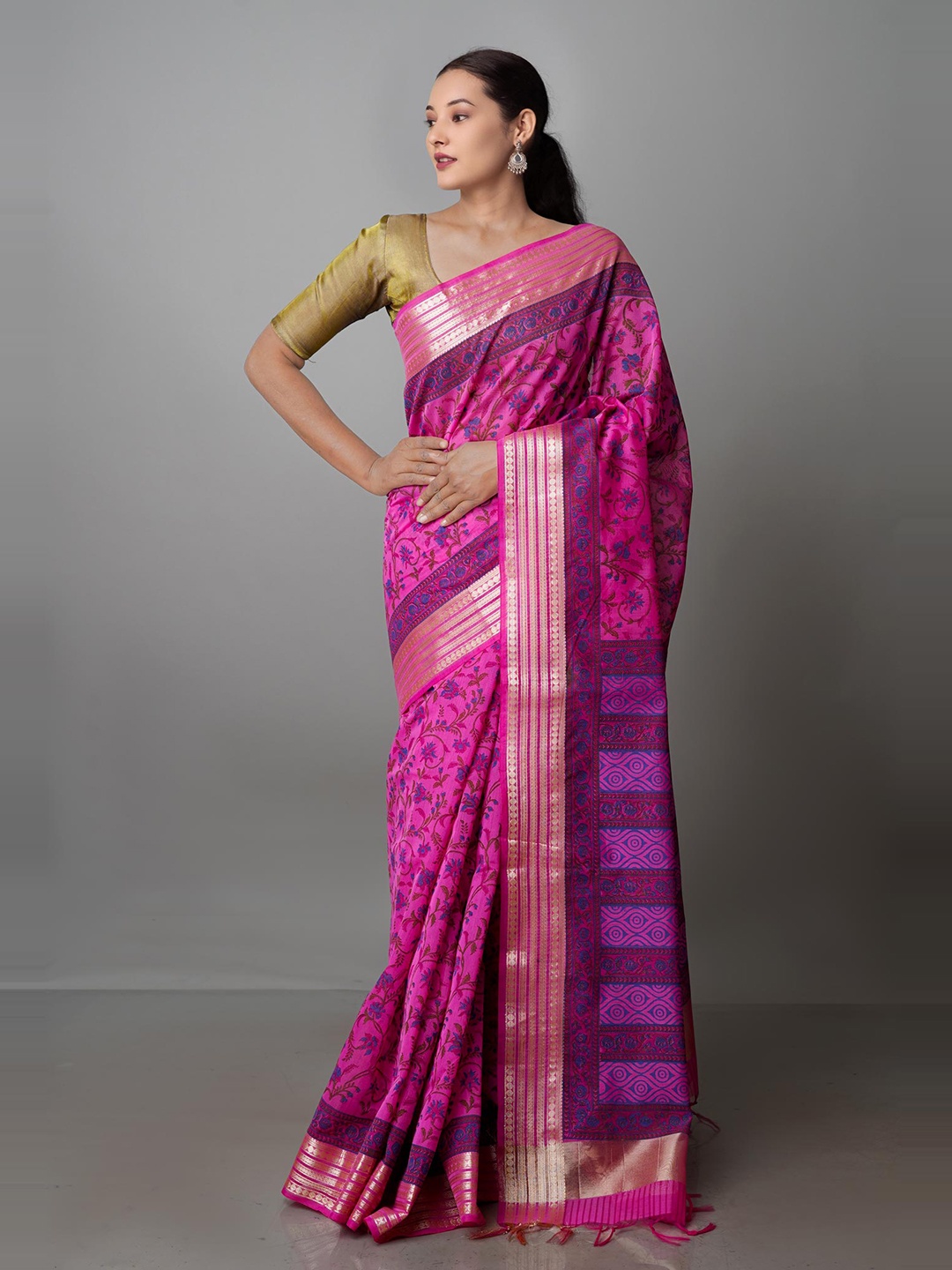 

Unnati Silks Floral Printed Silk Cotton Chanderi Saree, Pink