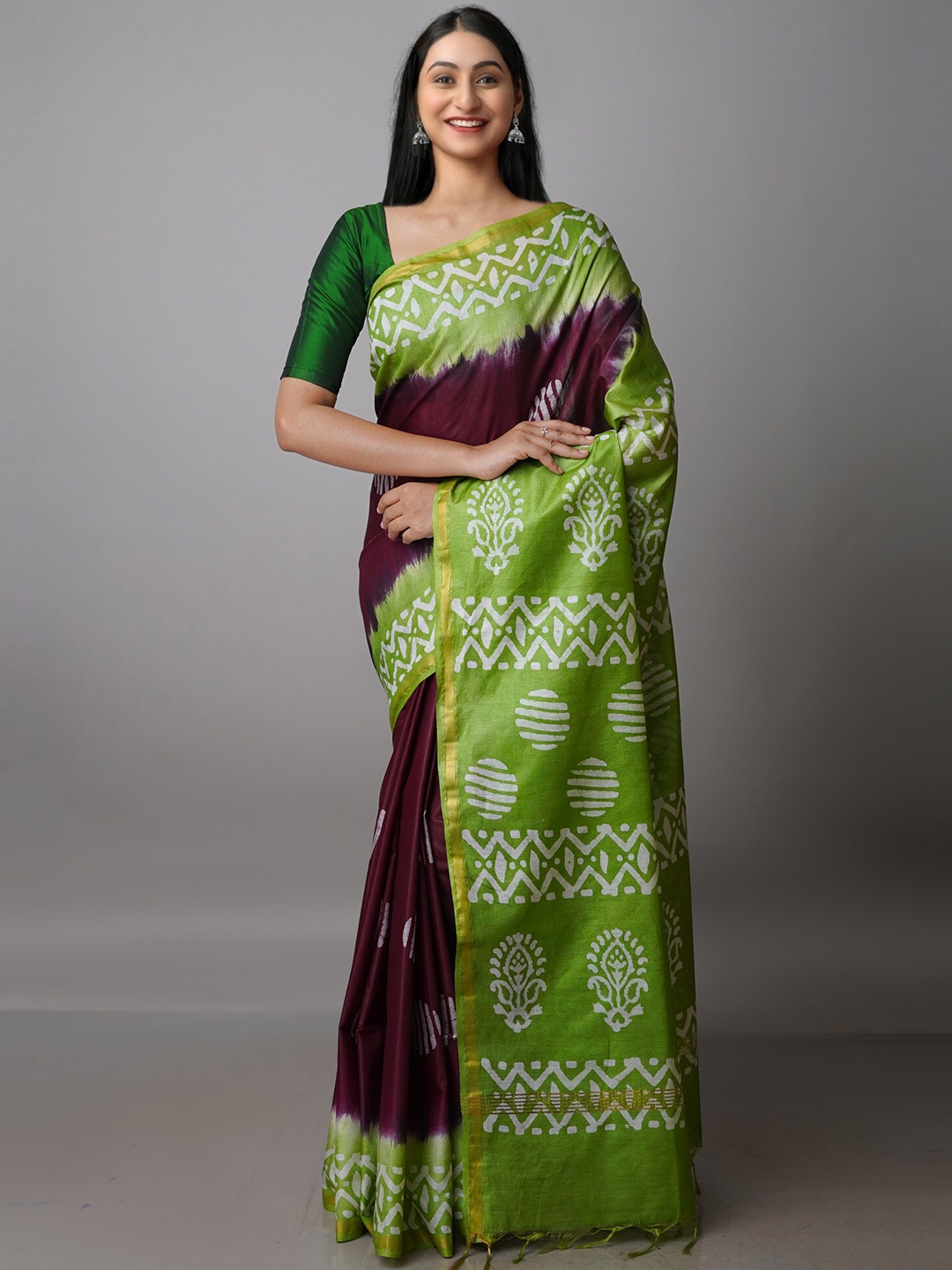 

Unnati Silks Batik Printed Pure Silk Chanderi Saree, Maroon