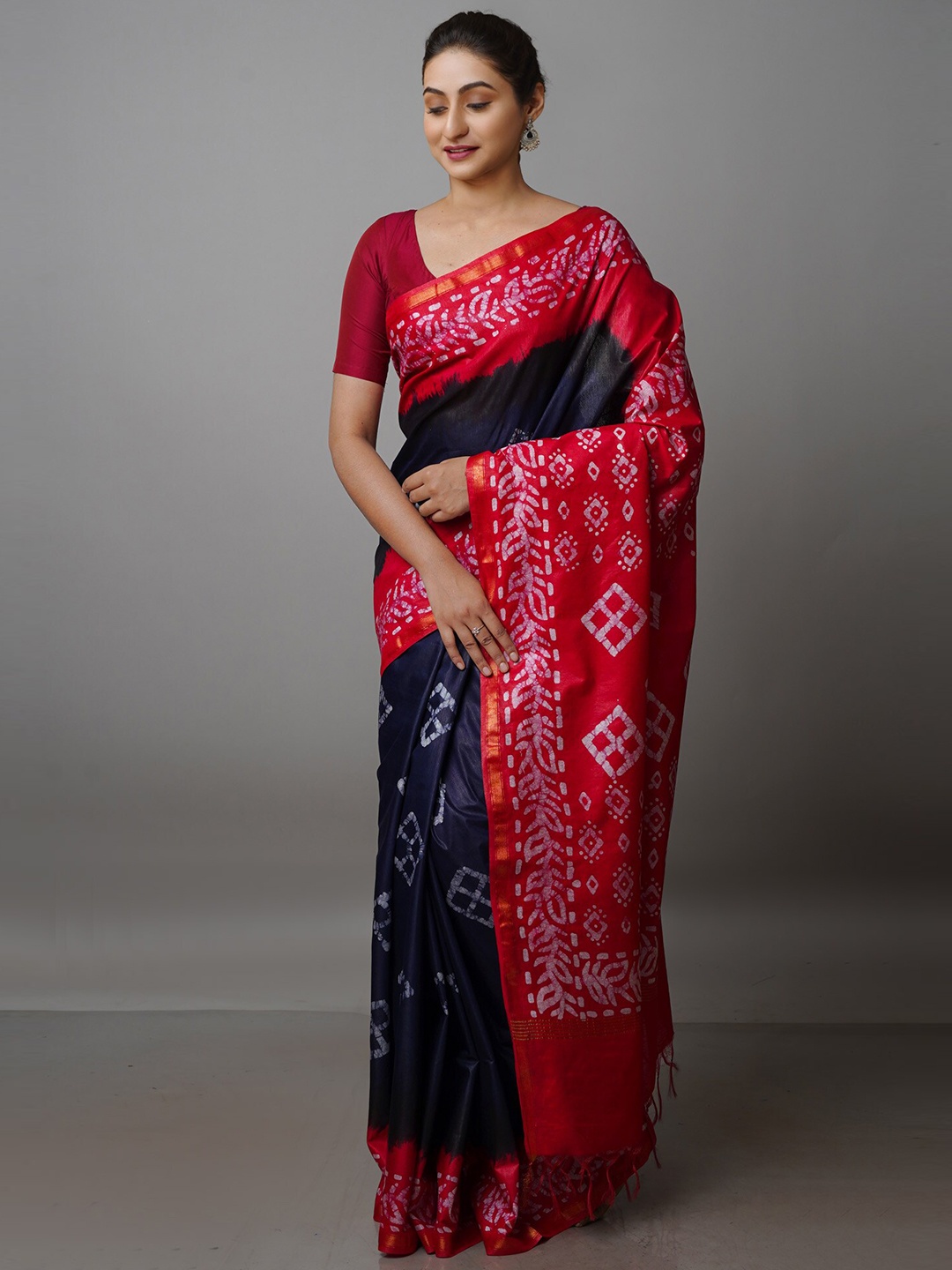 

Unnati Silks Batik Printed Pure Silk Chanderi Saree, Navy blue