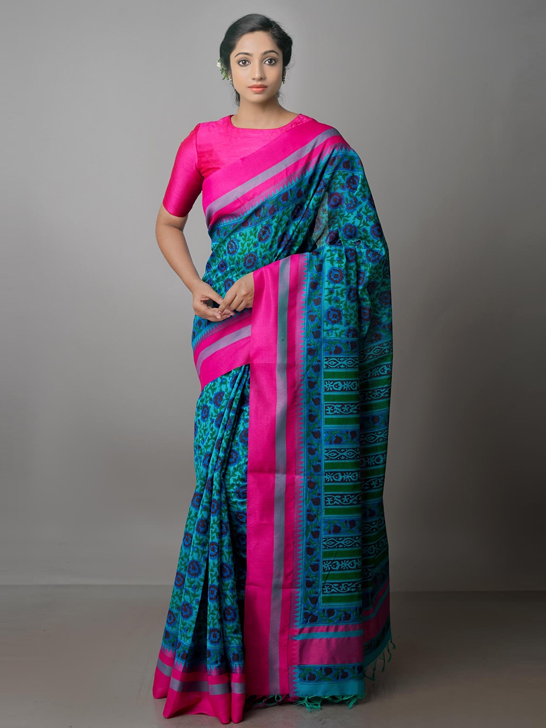 

Unnati Silks Floral Printed Silk Cotton Chanderi Saree, Blue