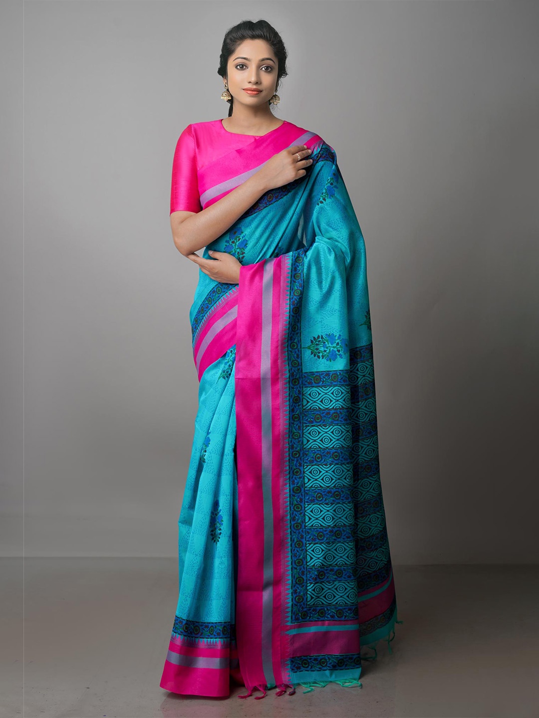 

Unnati Silks Floral Printed Silk Cotton Chanderi Saree, Blue