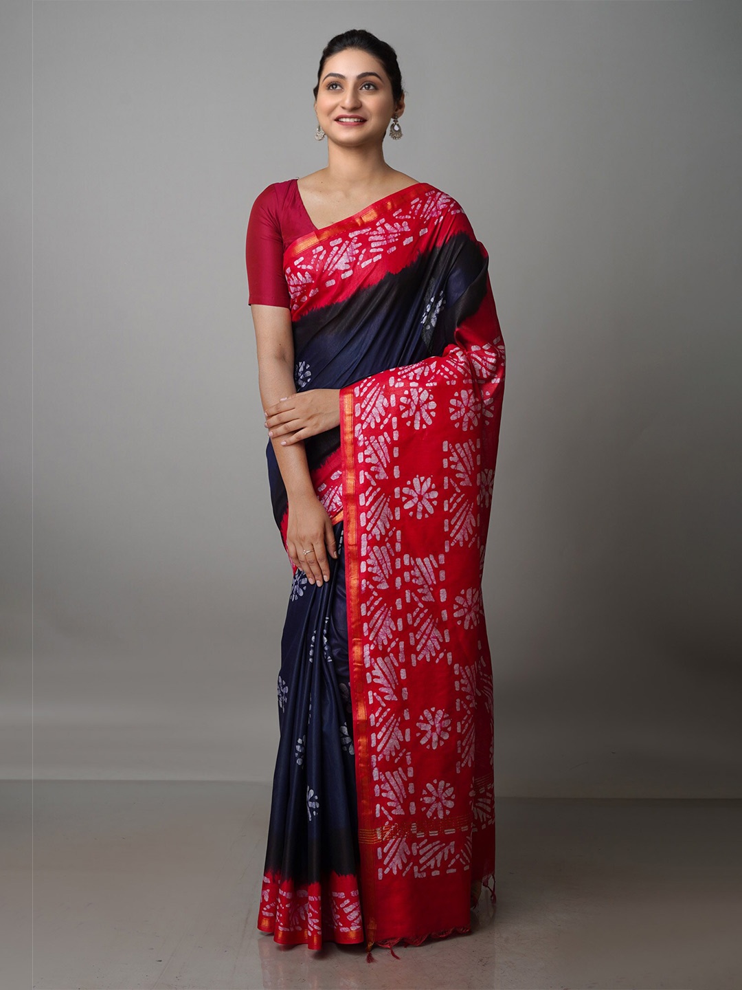 

Unnati Silks Batik Printed Pure Silk Chanderi Saree, Navy blue