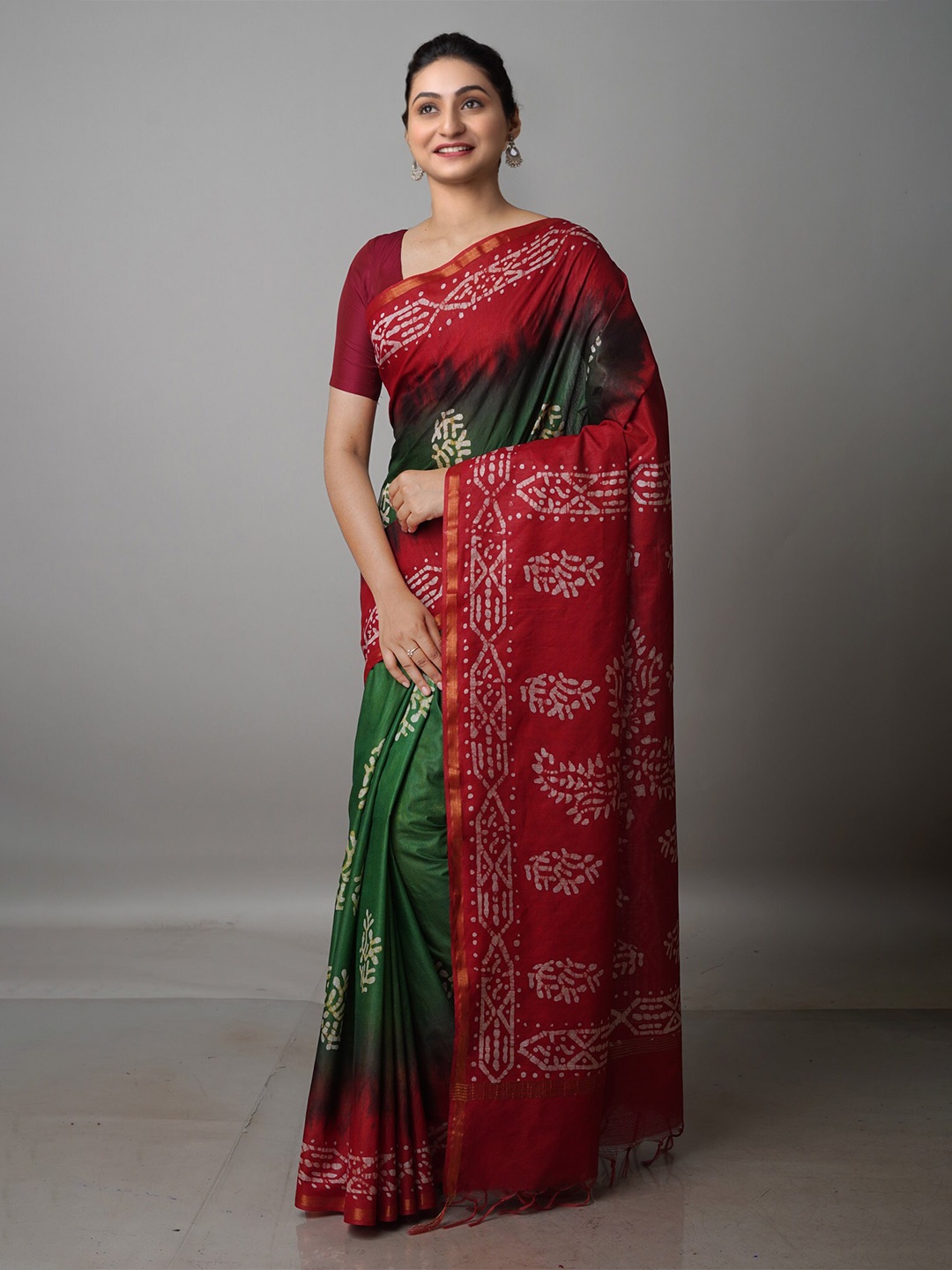 

Unnati Silks Batik Printed Pure Silk Chanderi Saree, Green