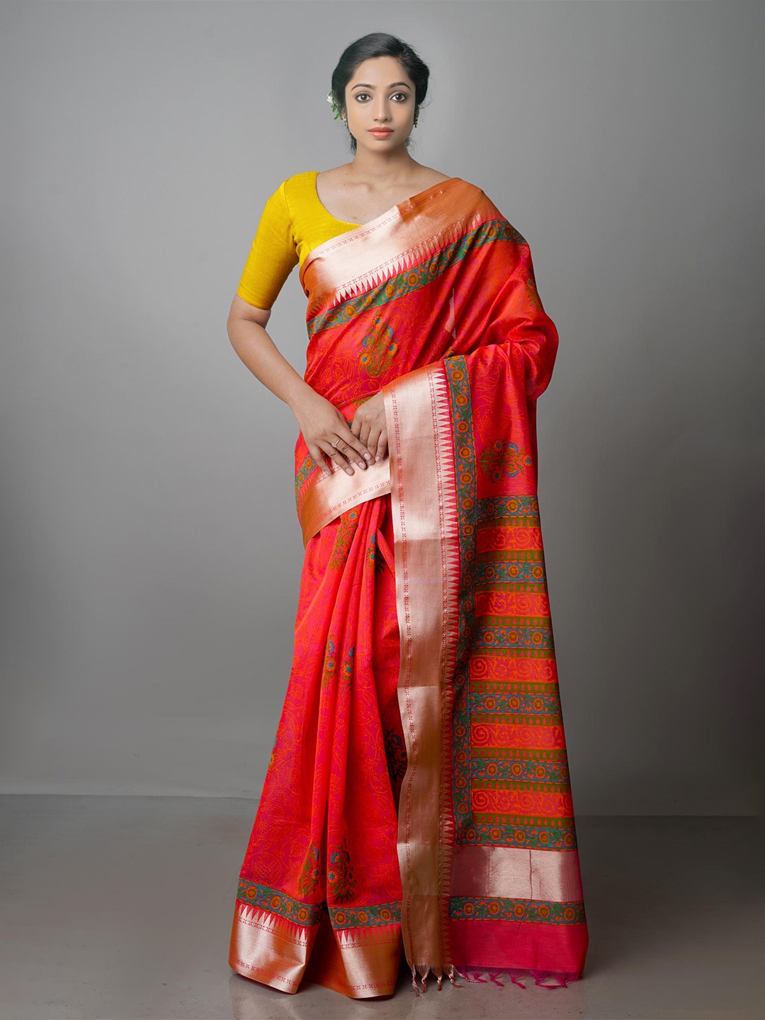 

Unnati Silks Floral Printed Silk Cotton Chanderi Saree, Red