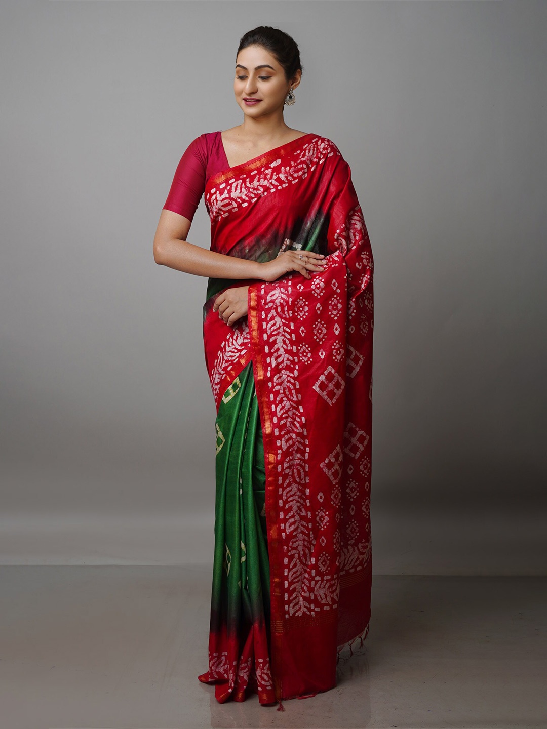 

Unnati Silks Batik Printed Pure Silk Chanderi Saree, Green