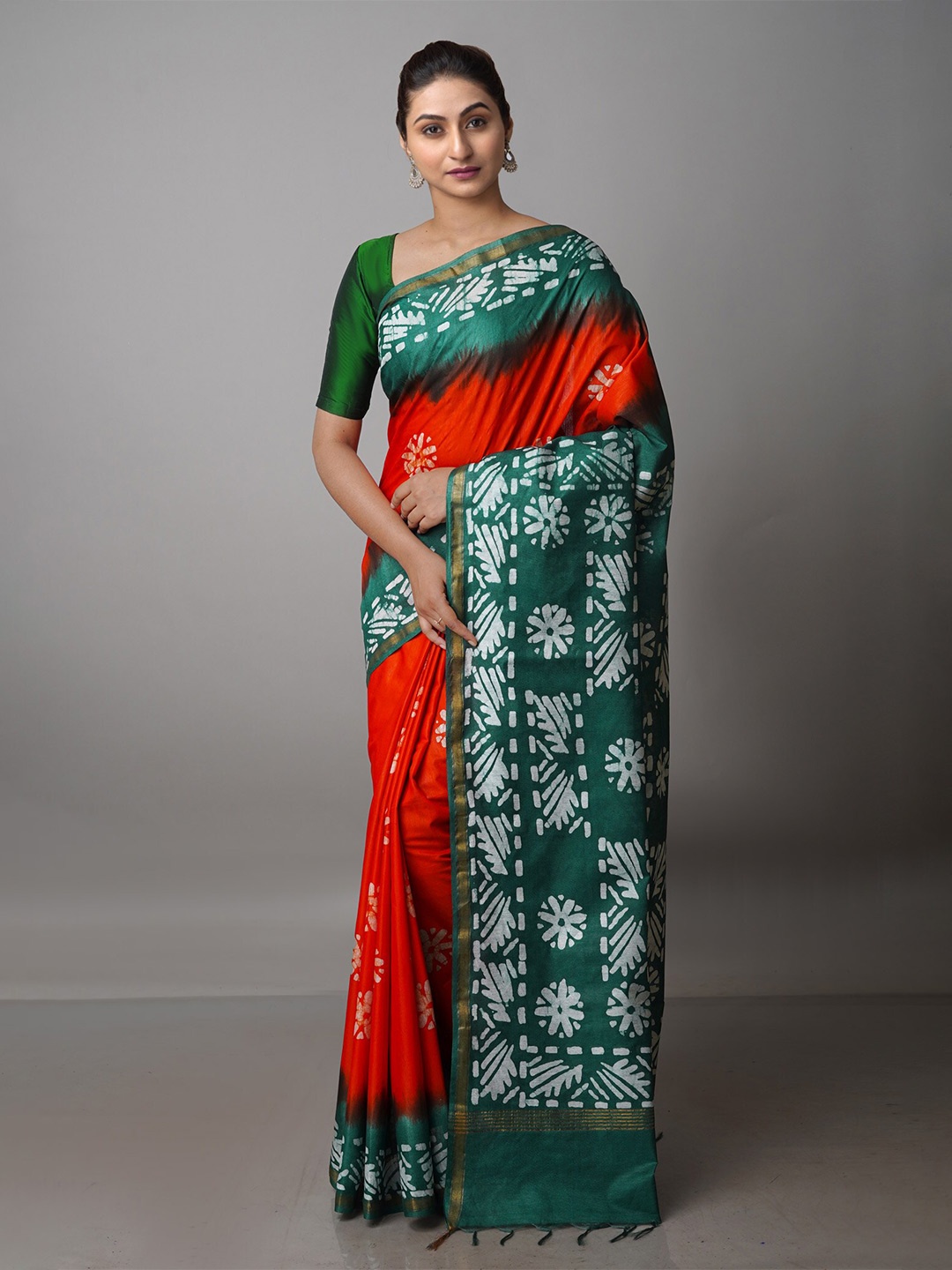 

Unnati Silks Batik Printed Pure Silk Chanderi Saree, Orange