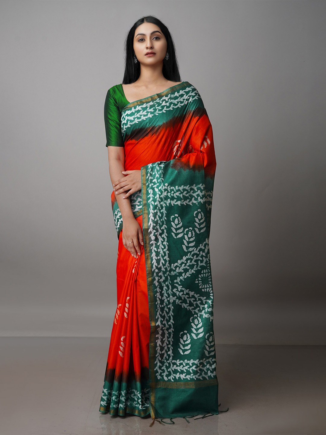 

Unnati Silks Batik Printed Pure Silk Chanderi Saree, Orange