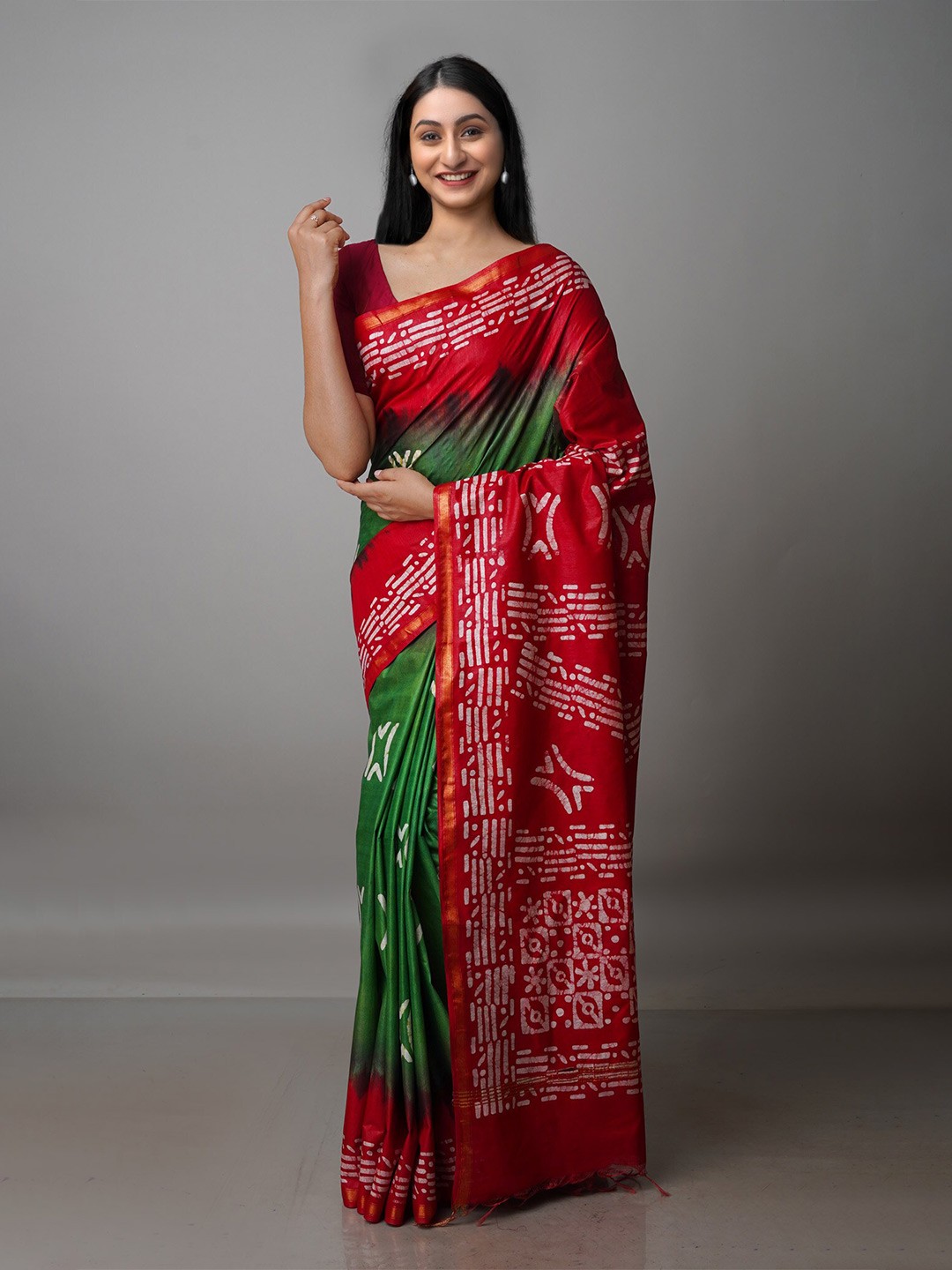 

Unnati Silks Batik Printed Pure Silk Chanderi Saree, Green