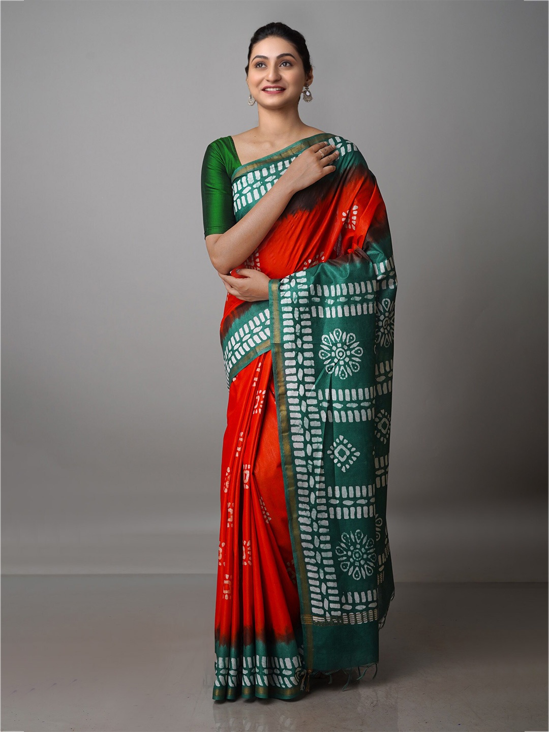 

Unnati Silks Batik Printed Pure Silk Chanderi Saree, Orange