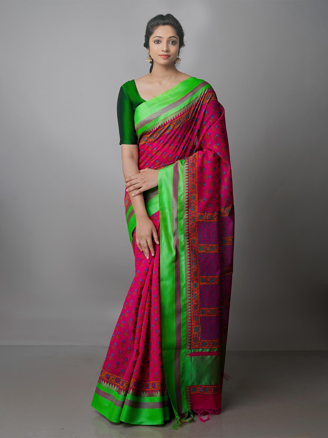 

Unnati Silks Floral Printed Silk Cotton Chanderi Saree, Pink