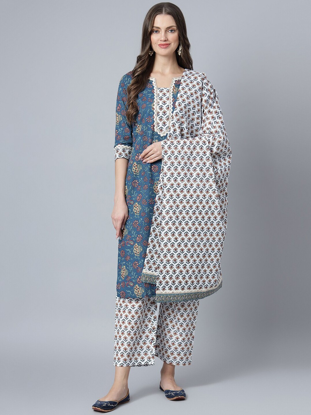 

Khushal K Women Ethnic Motifs Printed Pure Cotton Kurta with Palazzos & Dupatta, Blue