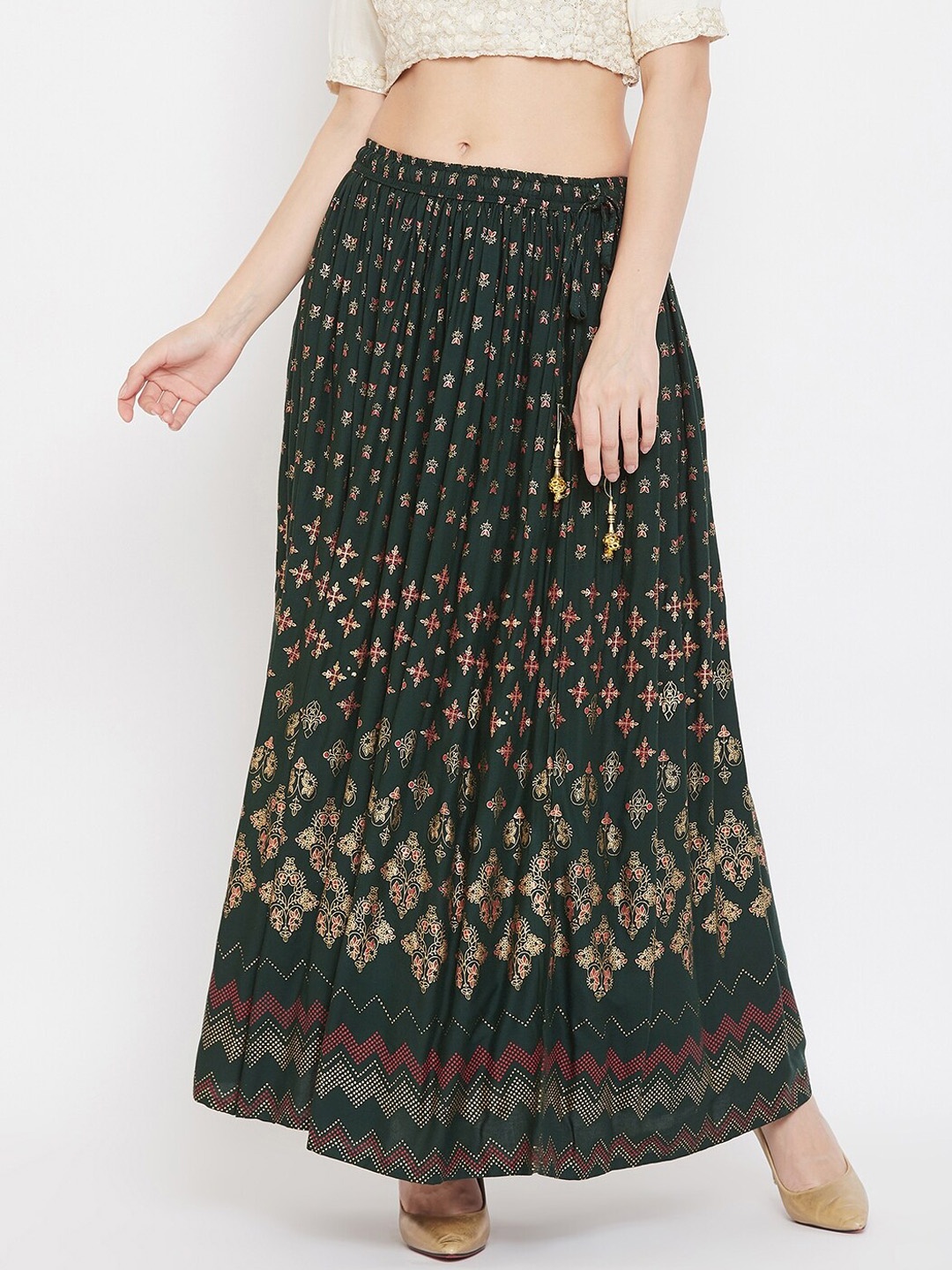 

Clora Creation Women Printed Flared Maxi Skirt, Green