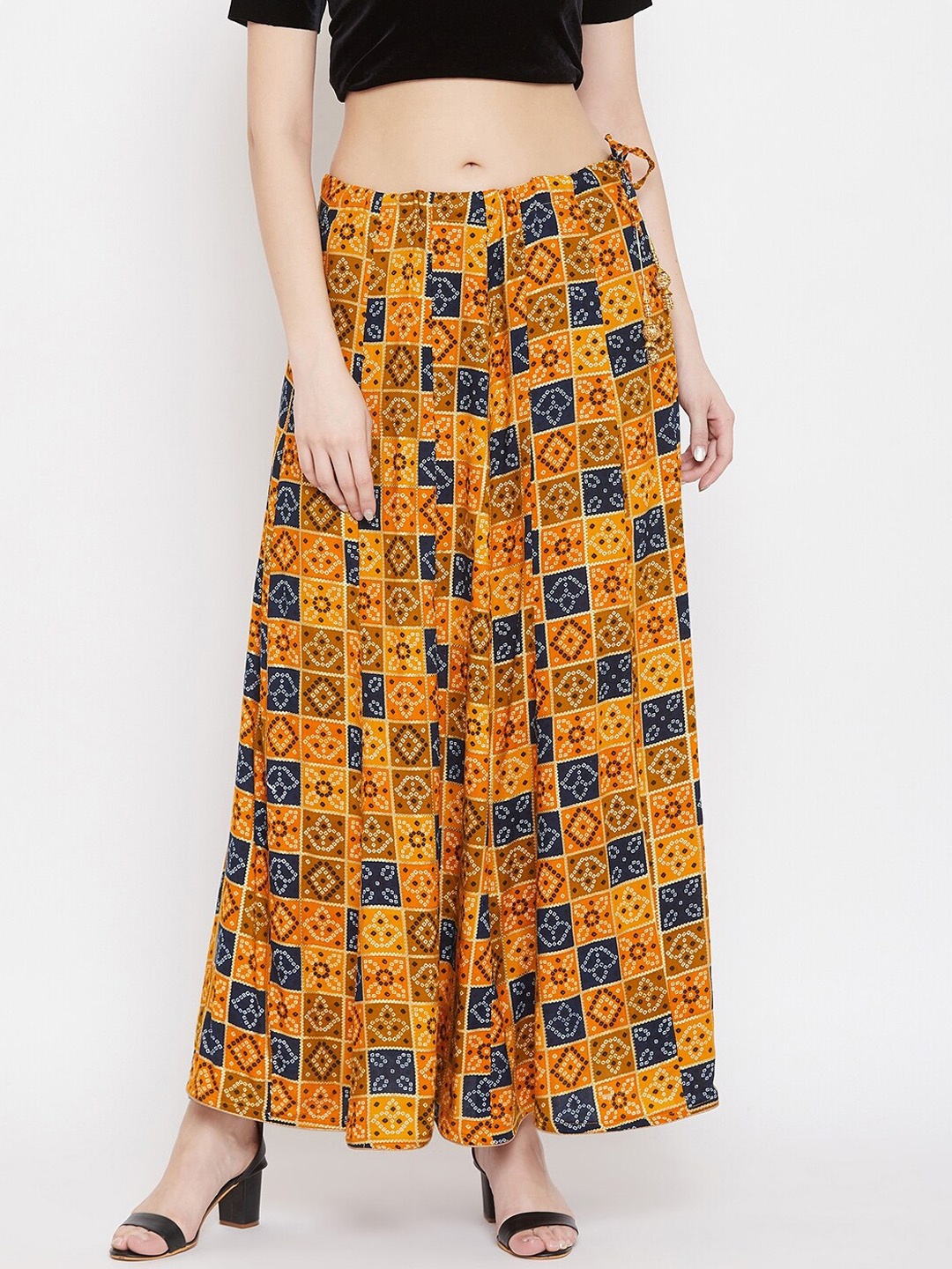 

Clora Creation Women Printed Flared Maxi Skirt, Mustard