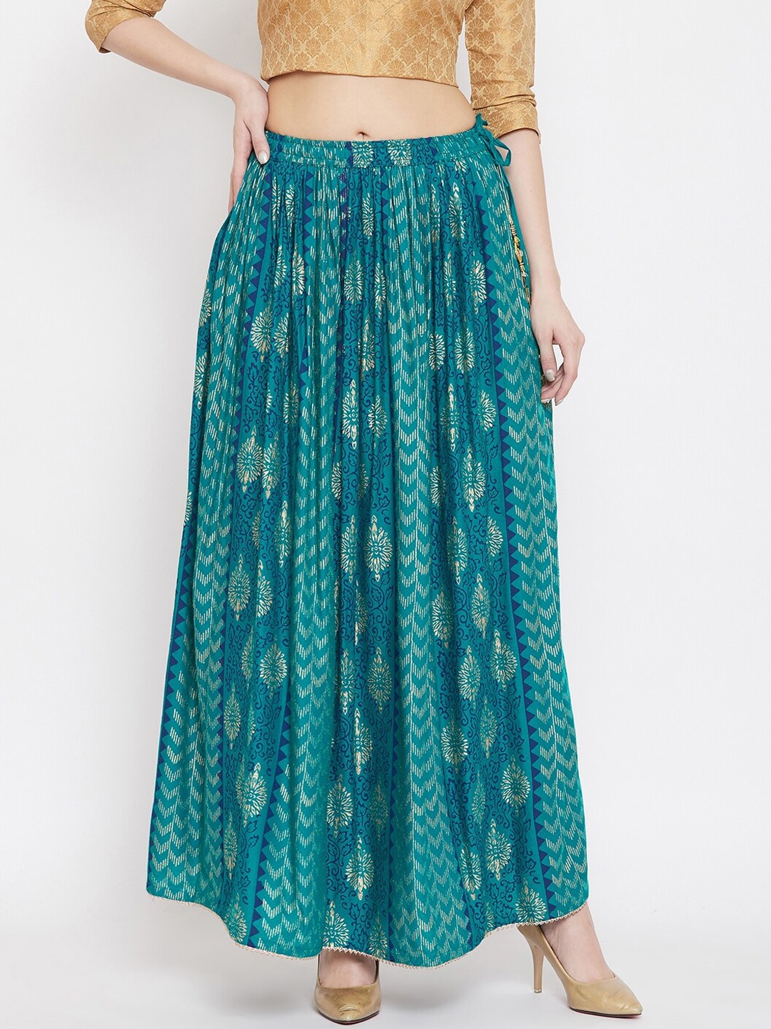 

Clora Creation Ethnic Motifs Printed Flared Maxi Skirt, Teal