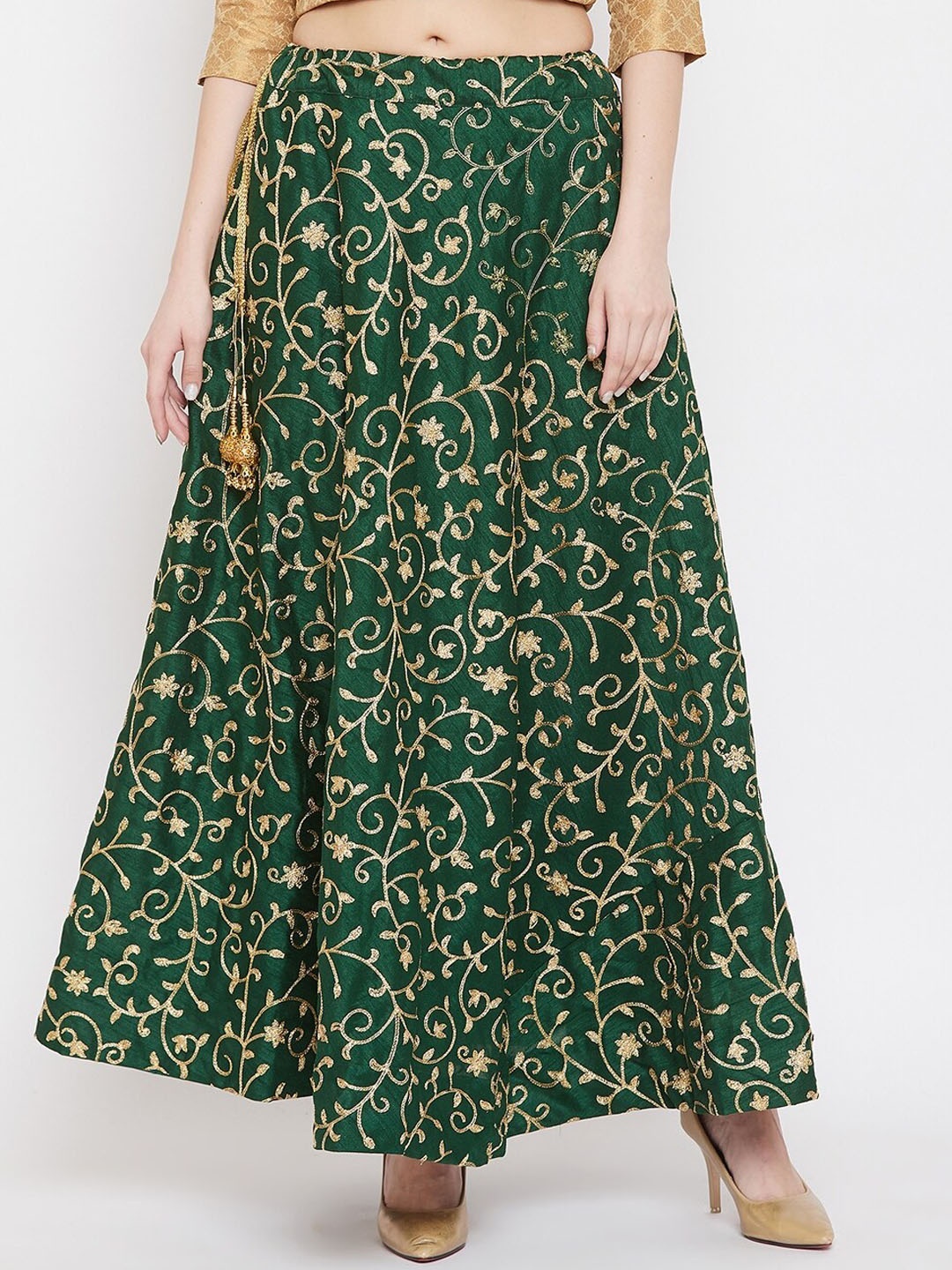 

Clora Creation Embroidered Flared Maxi Skirt, Green