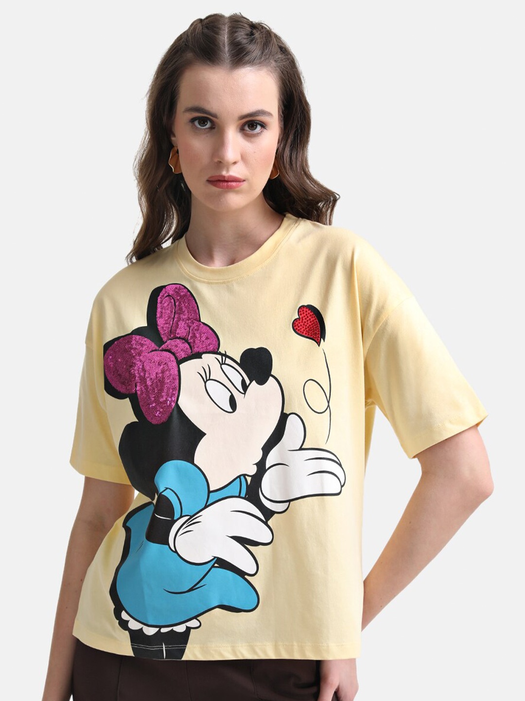 

Kazo Women Minnie Mouse Printed Drop-Shoulder Sleeves Disney T-shirt, Yellow