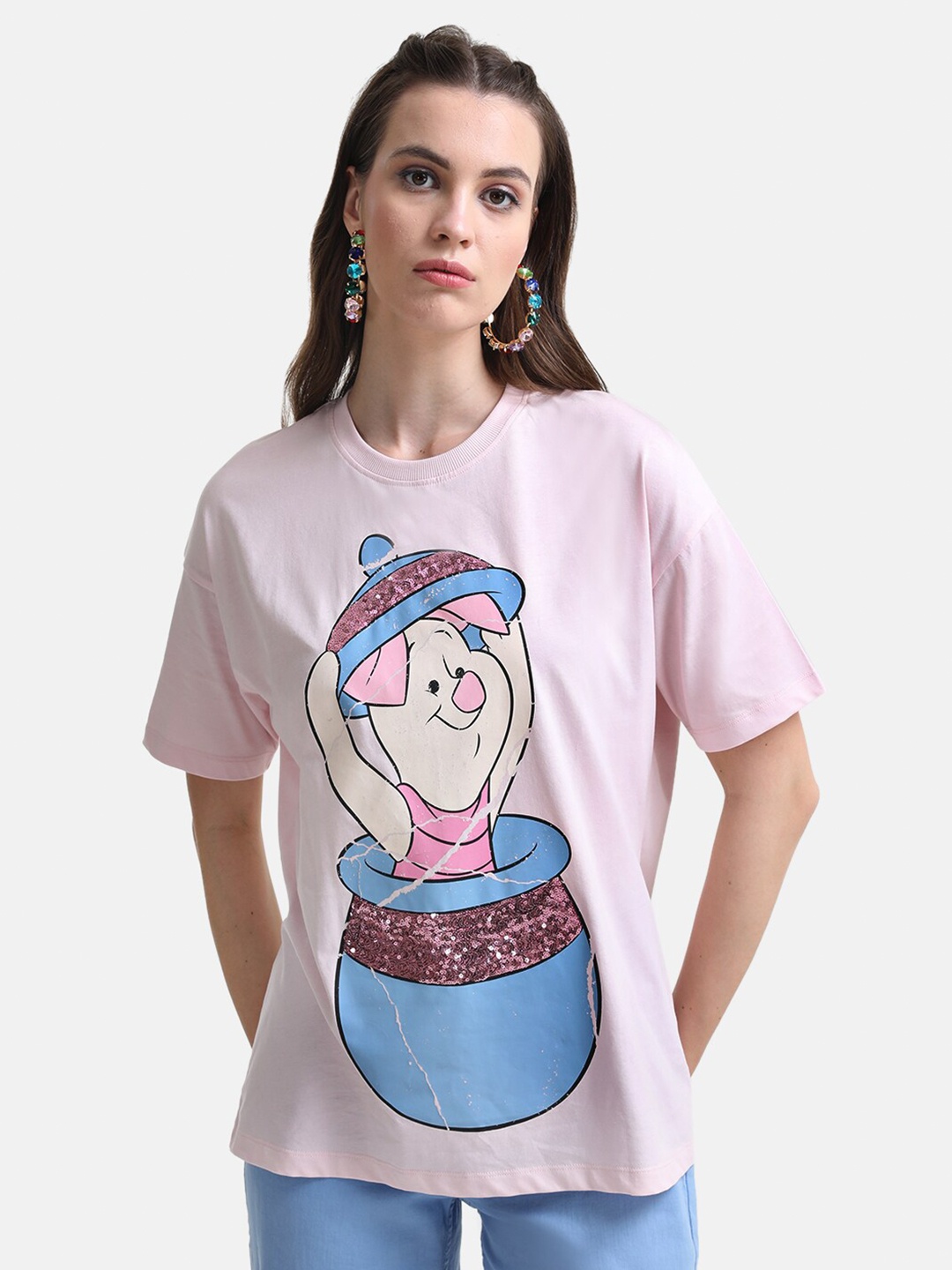 

Kazo Women Printed Loose Disney T-shirt, Pink