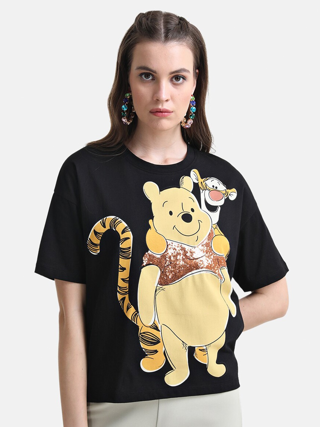 

Kazo Women Winnie The Pooh Printed Loose Disney T-shirt, Black
