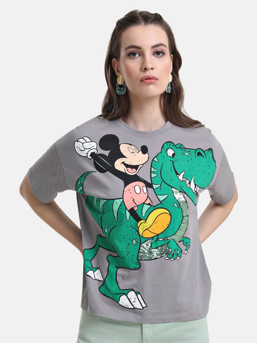 

Kazo Women Mickey Mouse Printed Loose Disney T-shirt, Grey