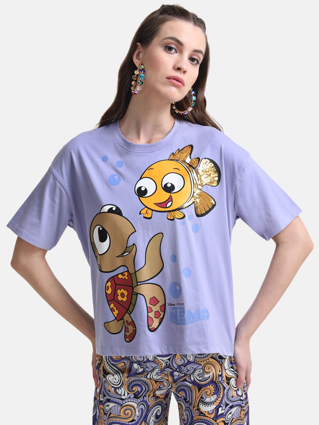 

Kazo Women Printed Drop-Shoulder Sleeves Loose Disney T-shirt, Blue