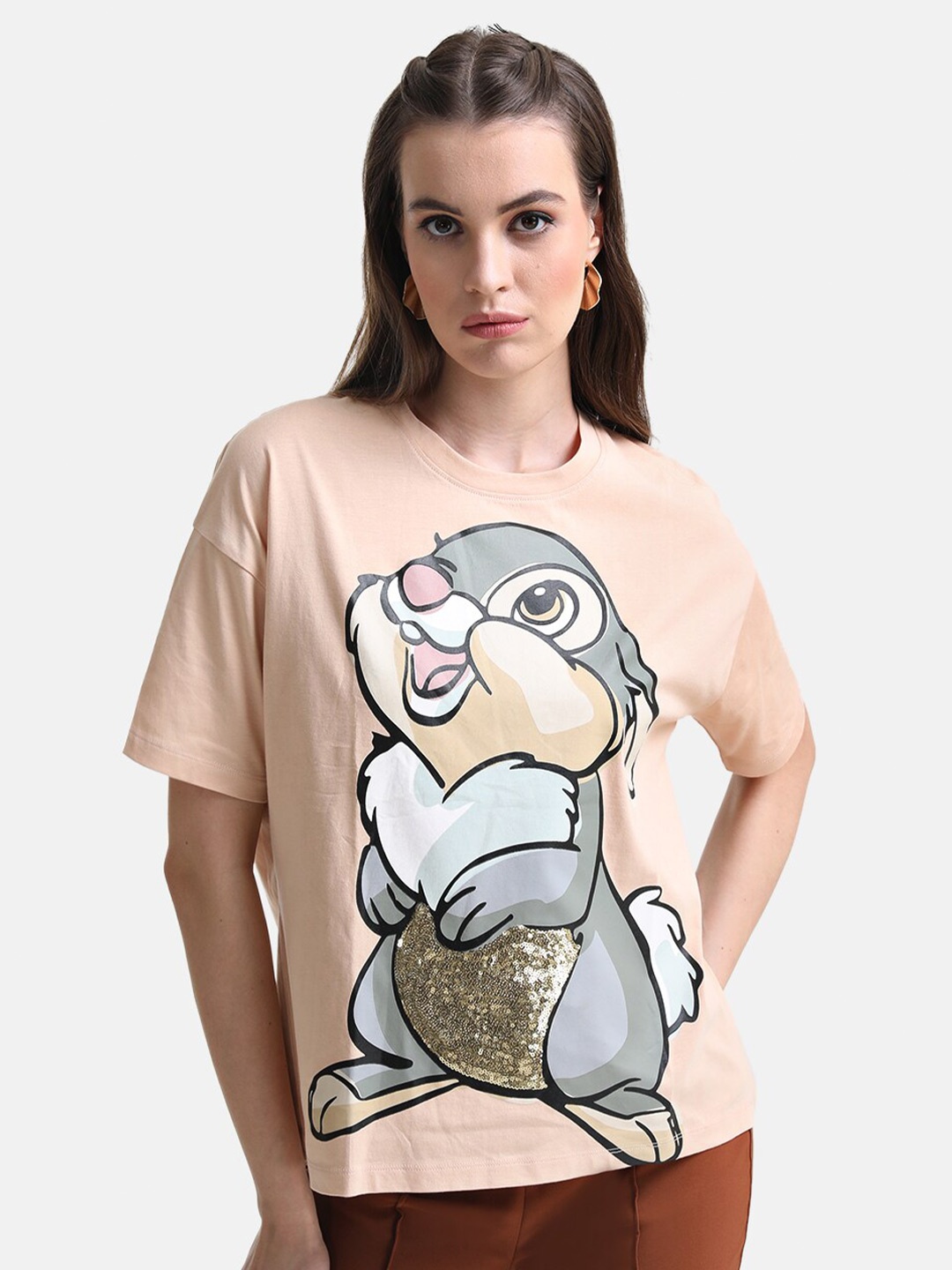 

Kazo Women Thumper Printed Drop-Shoulder Sleeves Loose Disney T-shirt, Peach