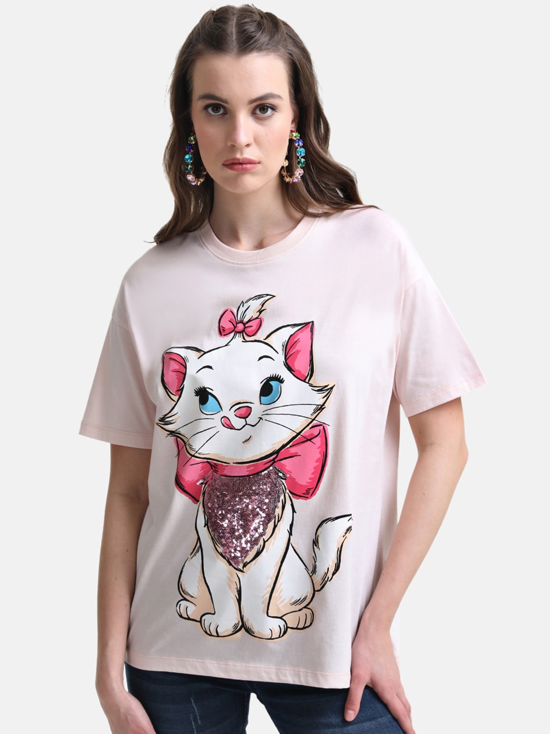 

Kazo Women Printed Drop-Shoulder Sleeves Disney T-shirt, Pink