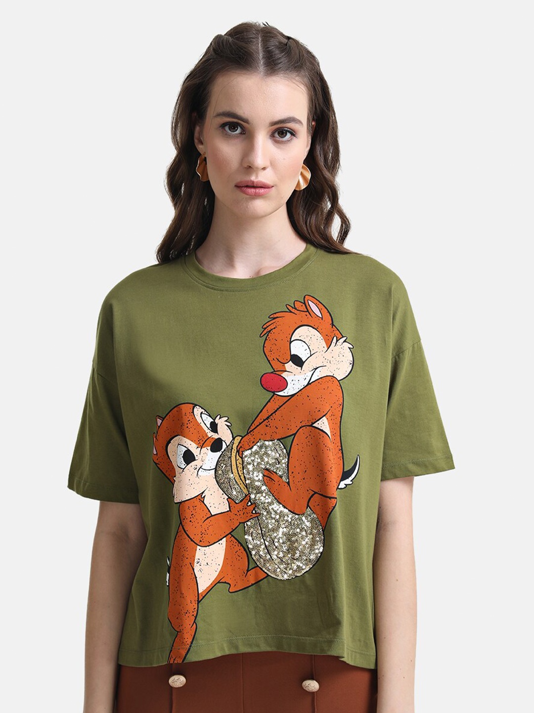 

Kazo Women Printed Drop-Shoulder Sleeves Disney T-shirt, Green