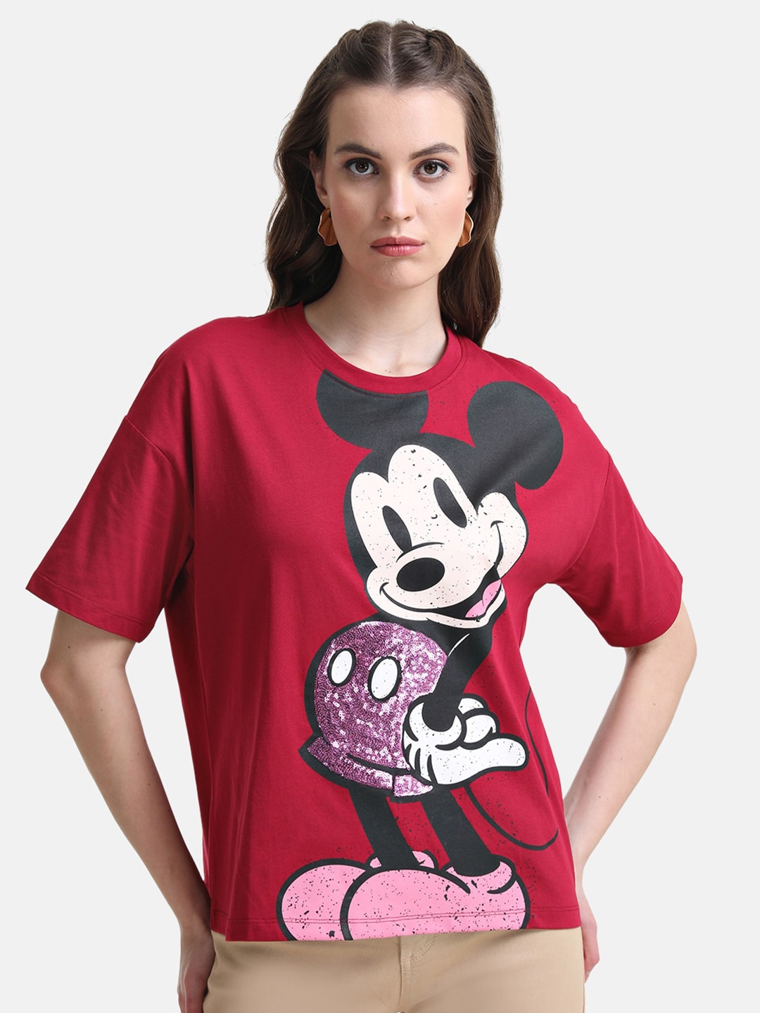 

Kazo Women Printed Drop-Shoulder Sleeves Loose Disney T-shirt, Maroon