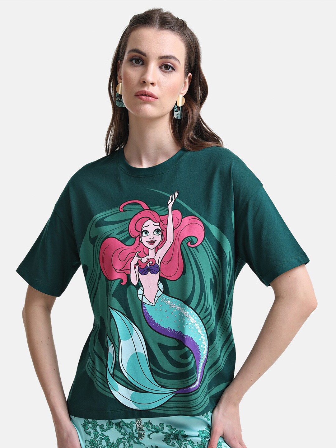 

Kazo Women Printed Drop-Shoulder Sleeves Loose Disney T-shirt, Green