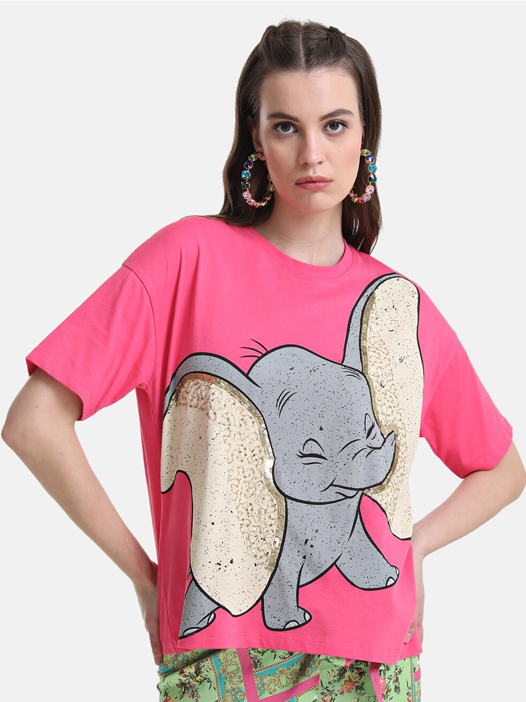 

Kazo Women Printed Drop-Shoulder Sleeves Loose Disney T-shirt, Pink