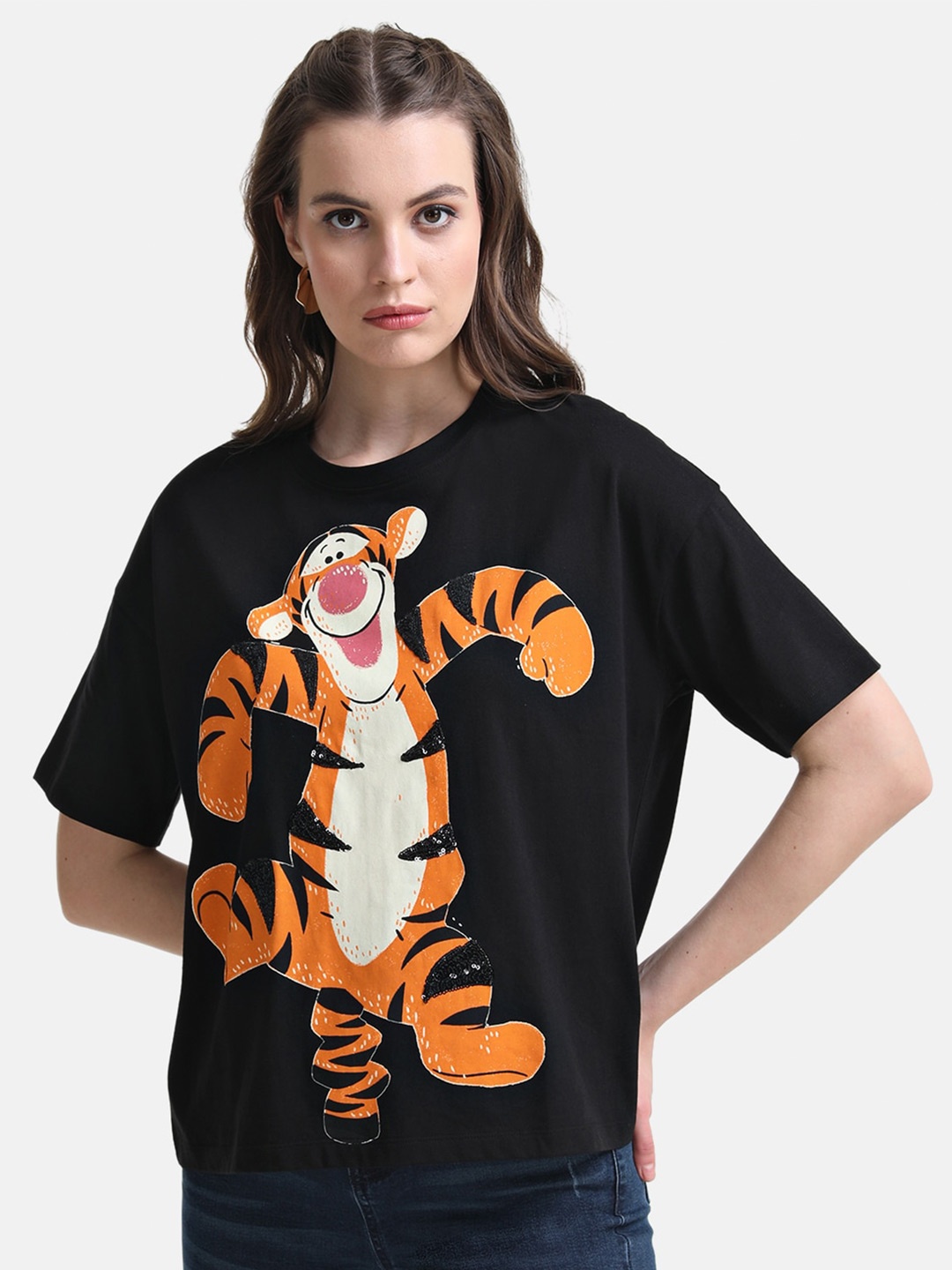 

Kazo Women Printed Drop-Shoulder Sleeves Loose Disney T-shirt, Black