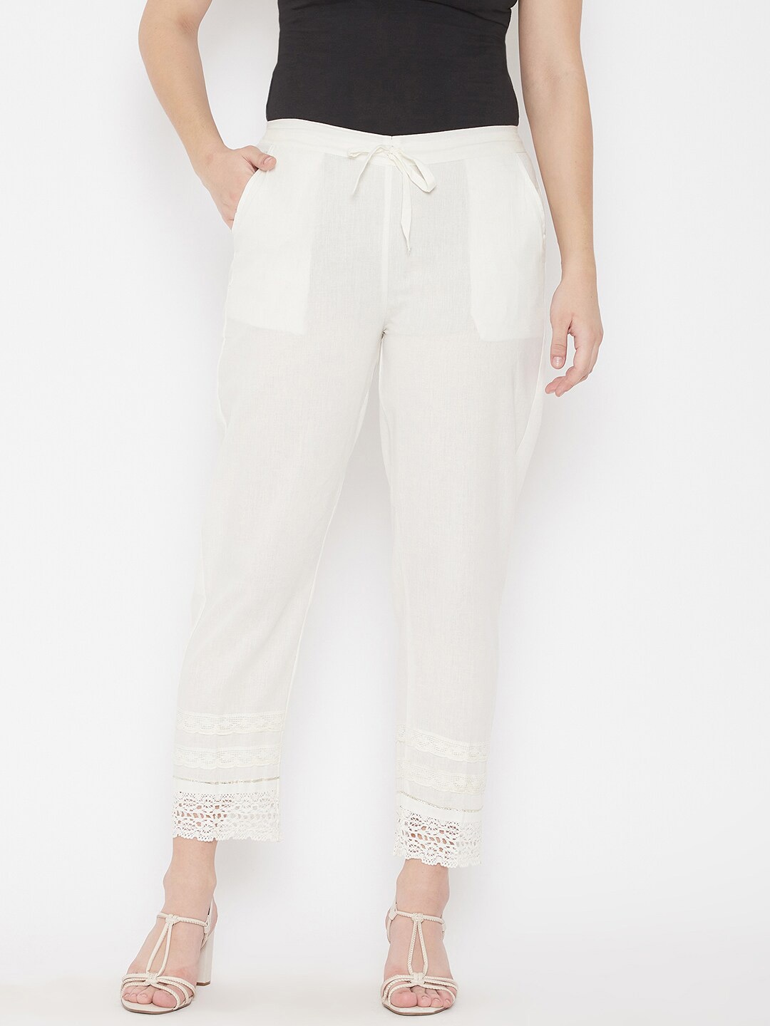 

TULIP 21 Women Straight Cotton Trouser With Lace Hem, Off white