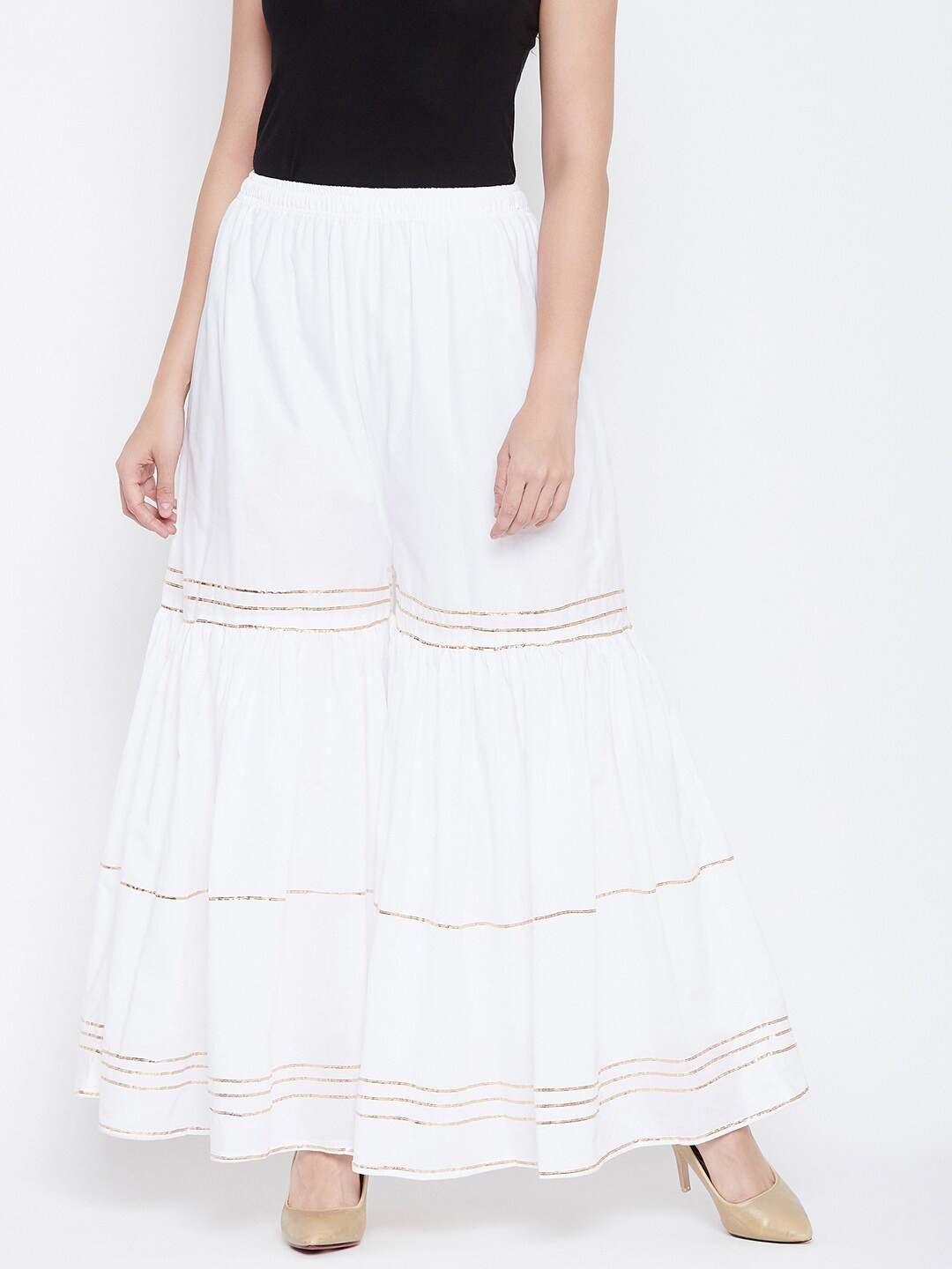 

TULIP 21 Women Striped Flared Cotton Knitted Ethnic Sharara, White