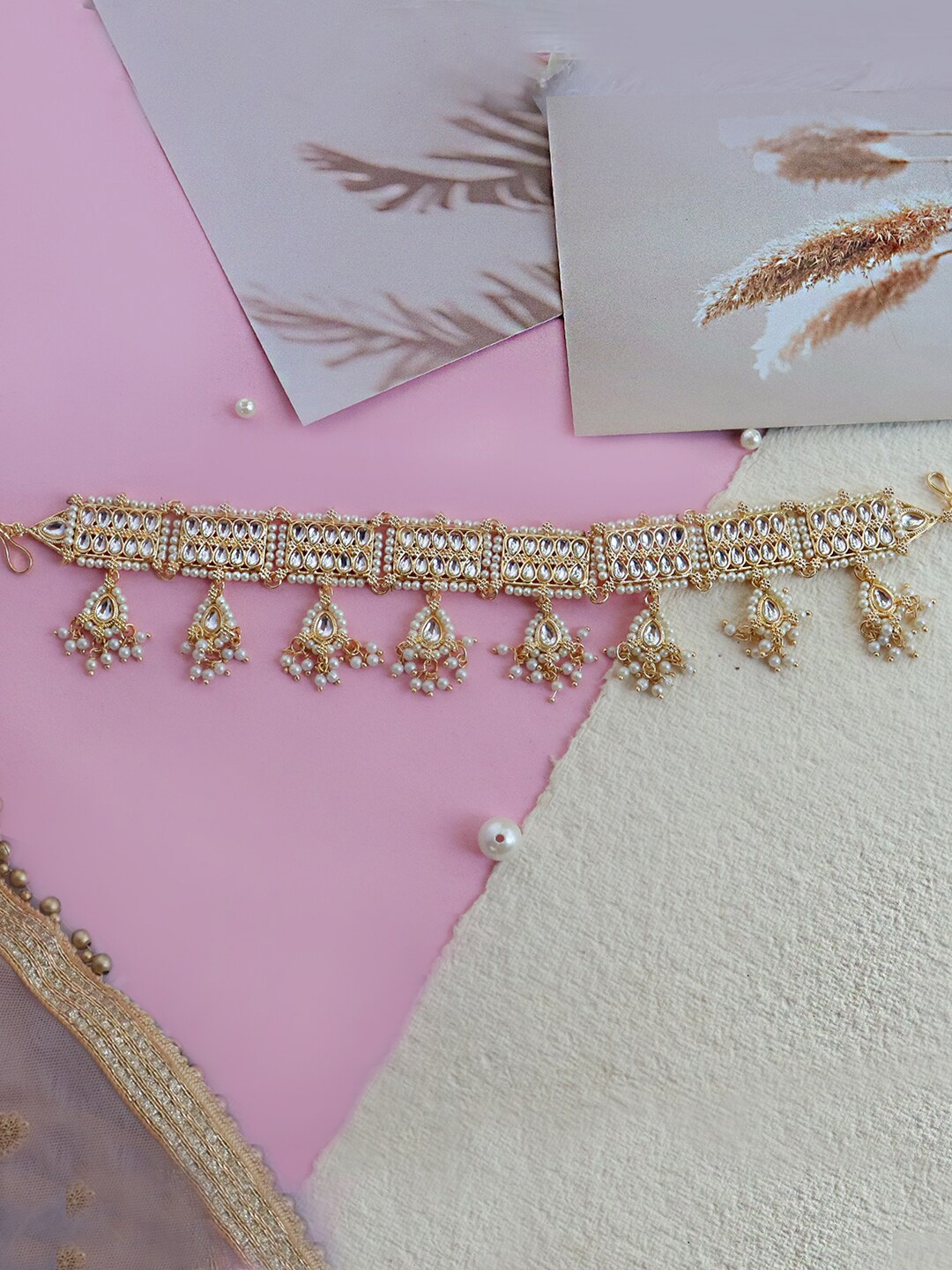 

Soho Boho Studio Gold-Plated Kundan-Studded & Pearl Beaded Sheeshphool, White
