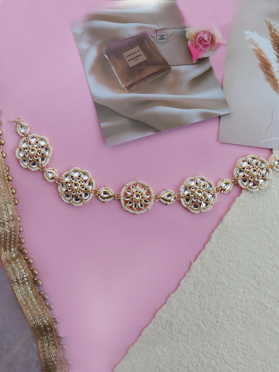 

Soho Boho Studio Gold-Plated Kundan-Studded & Pearl Beaded Sheeshphool, White