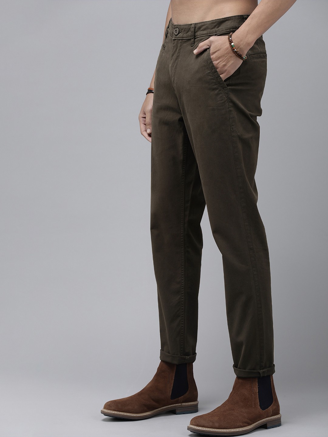 

The Roadster Life Co. Mid-Rise Plain Button Closure Trousers, Grey