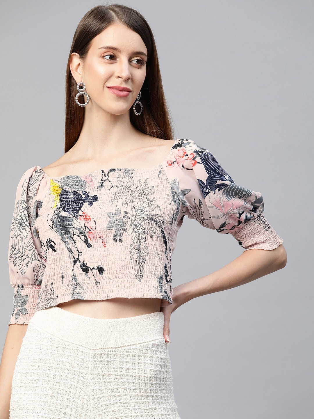 

Sleek Italia Floral Printed Smocked Crop Top, Peach