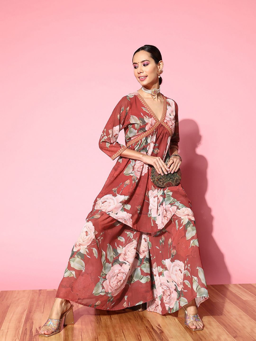

Ahalyaa Women Red Floral Printed Empire Thread Work Kurti With Sharara