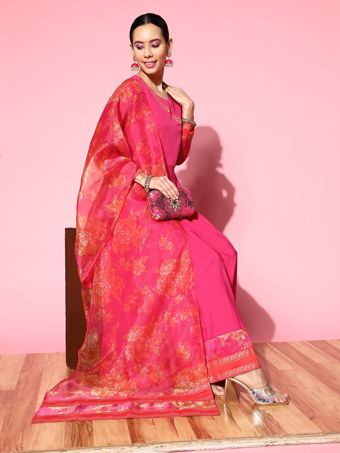 

Ahalyaa Ethnic Motifs Embroidered Crepe Ethnic Maxi Dress, Pink