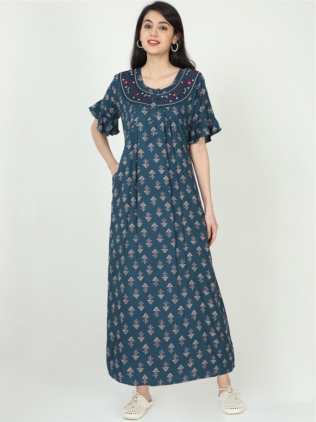

9shines Label Printed Maxi Nightdress, Navy blue
