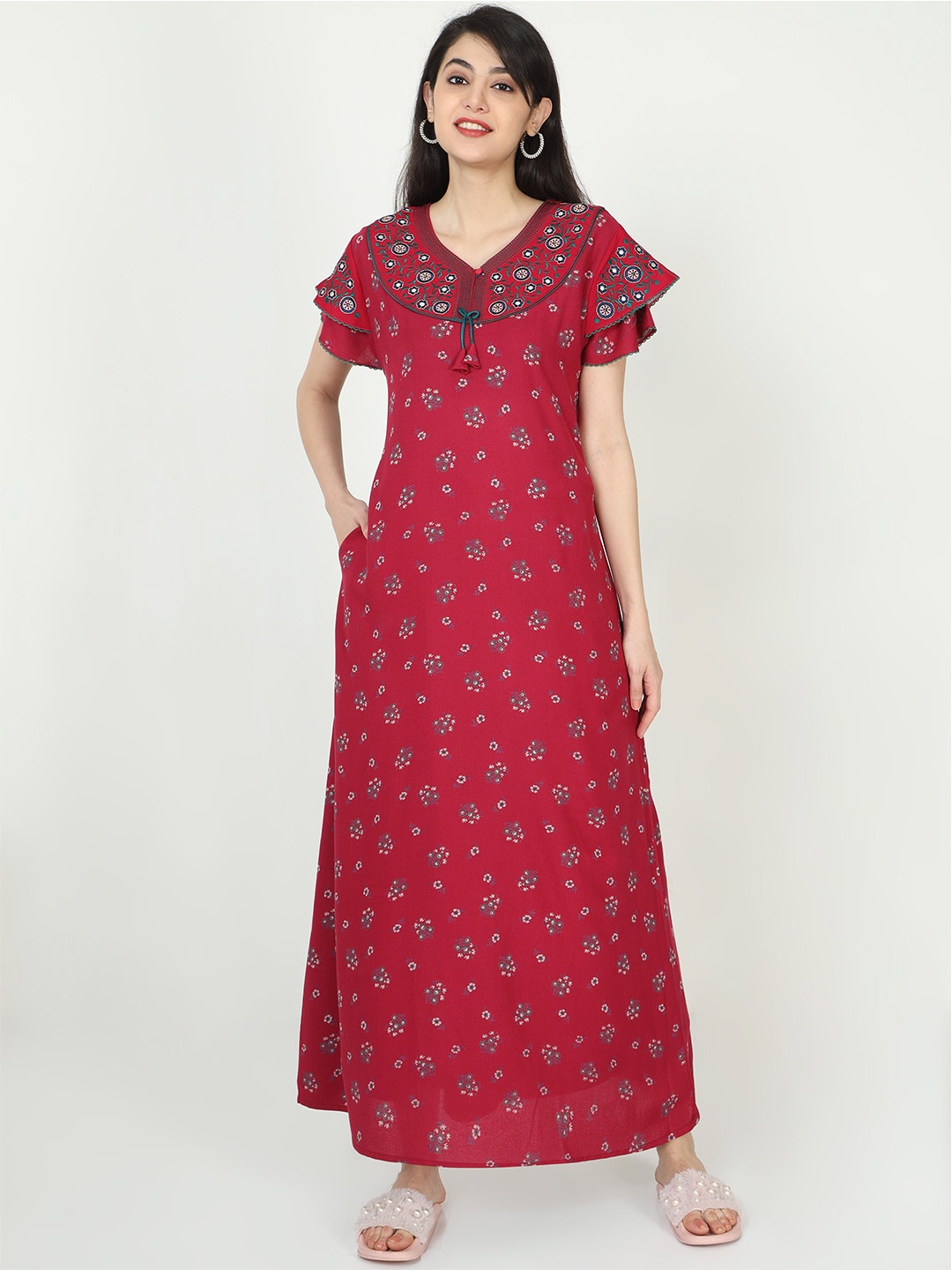 

9shines Label Printed Maxi Nightdress, Red