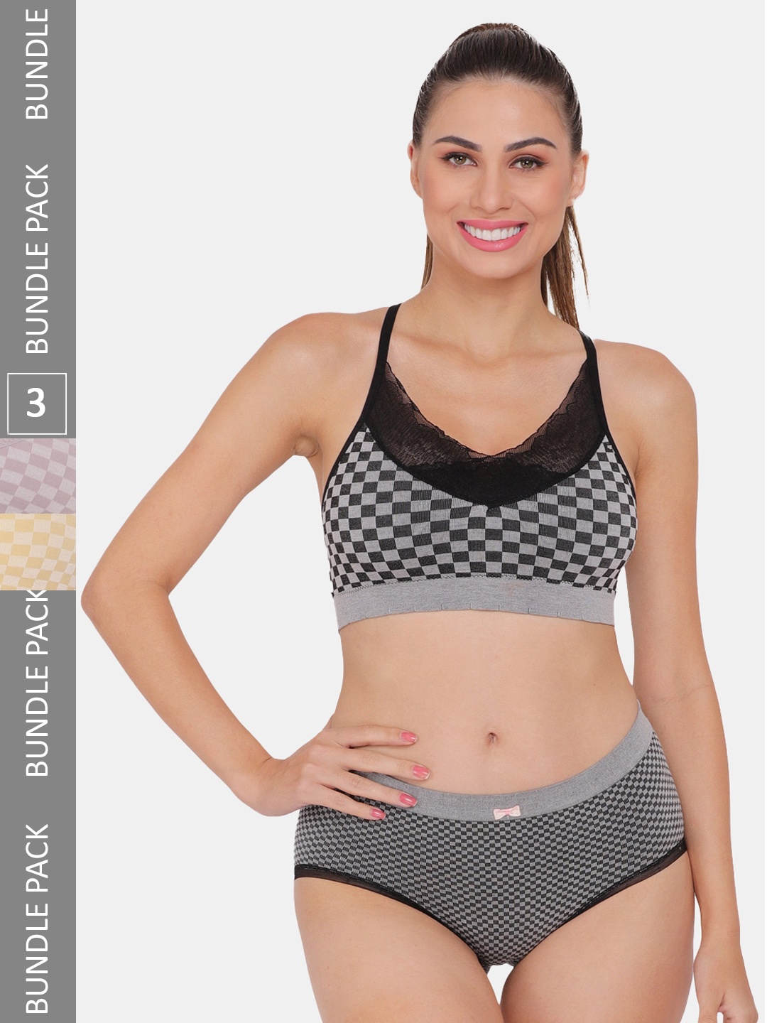 

Amour Secret Pack Of 3 Printed Sports Lightly Padded Bra & Panty, Purple